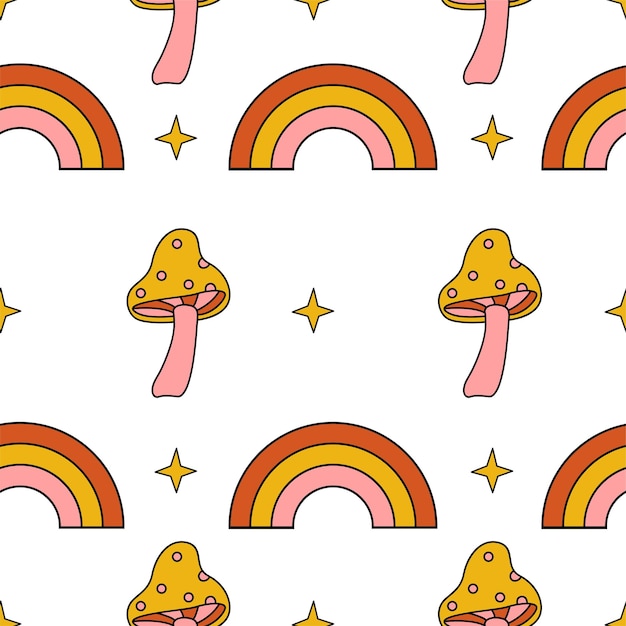 Halloween retro seamless pattern with rainbows and mushrooms.  psychedelic halloween pattern