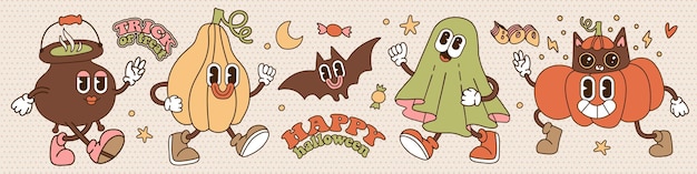 Halloween retro stripfiguren instellen vintage halloween schattige ketel pompoenen geest en vleermuis contou