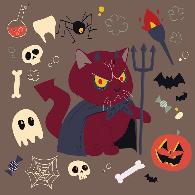 Vector halloween rode duivel schattige kat illustratie voor halloween party