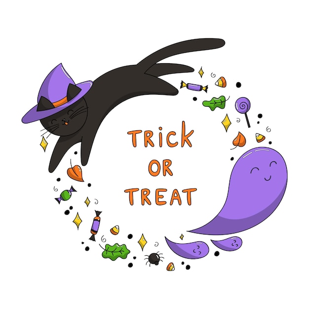 Vector halloween rond frame met een zwarte kat en cartoonachtige geesten vectorillustratie voor postkaarten met printontwerp met de inscriptie trick or treat