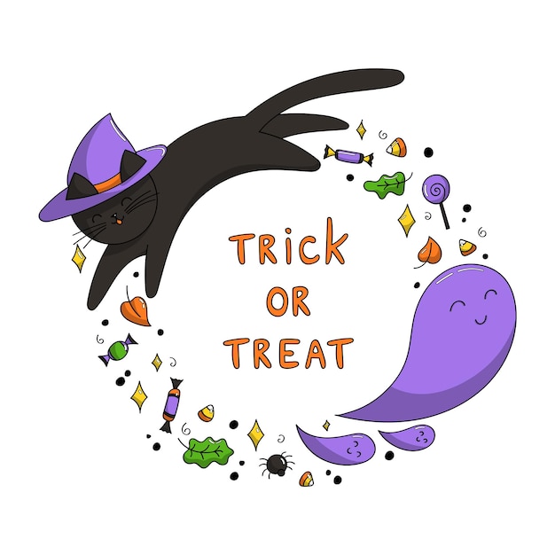 검은 고양이와 만화 스타일의 유령이 있는 할로윈 라운드 프레임 인쇄 디자인 엽서에 대한 비문 트릭 또는 치료