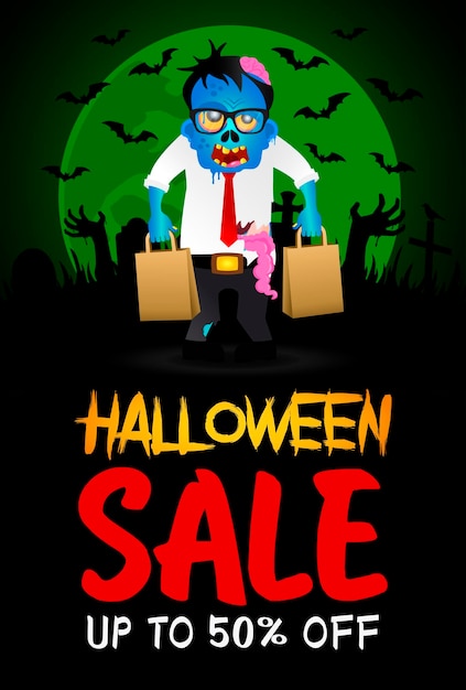 Halloween sale 50 discount poster banner with zombie office worker Halloween sale graphic design