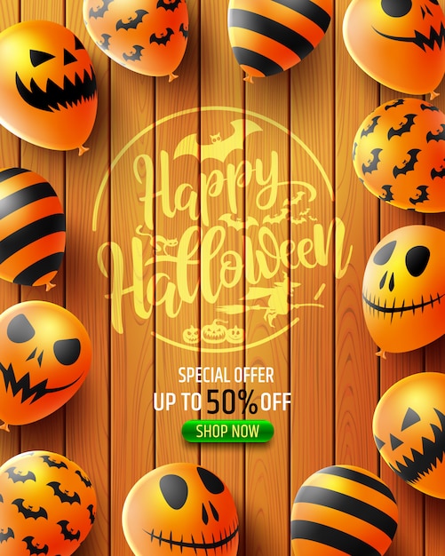 Vector halloween sale 50% korting op banner met enge ballonnen