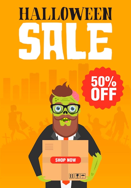 Vettore halloween sale 50 off concept design piatto con zombie