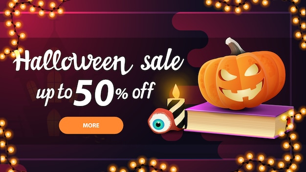 Vettore saldi di halloween, -50% di sconto, banner sconto orizzontale rosa con bottone, libro degli incantesimi e zucca jack