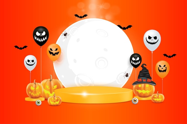 Halloween sale 75 off promotion online shopping The podium is empty for placing products or products with Bag and pumpkins ghost balloons Banner template design for social media 3D Vector