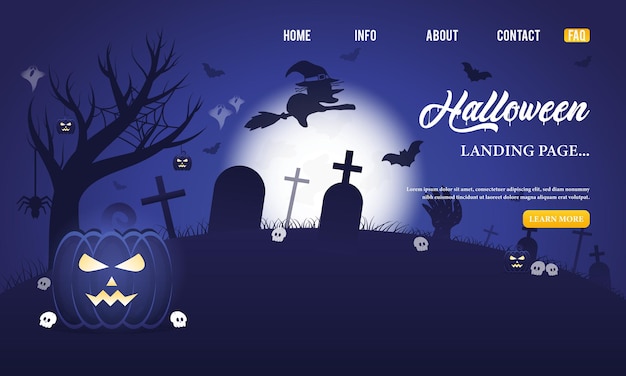 Halloween Sale banner illustration with pumpkins, cemetery, and flying bats on orange background