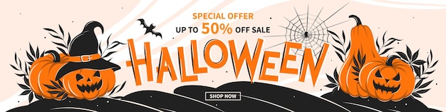 Halloween sale banner seasonal promo offer discount poster for autumnal shopping