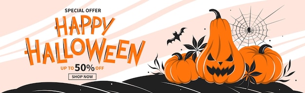 Halloween sale banner, seasonal promo offer discount poster for autumnal shopping.