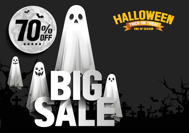 Halloween sale banner with ghost on night