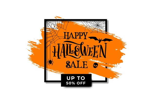 Vettore banner di vendita di halloween con cornice natalizia, ragni blob grunge e ragnatela offerta speciale dolcetto o scherzetto spettrale vettoriale e buono sconto di un tratto di pennello arancione in una cornice quadrata con teschio e pipistrello inquietante