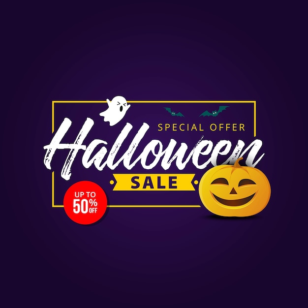 Halloween sale banner with holiday symbols pumpkin and ghost