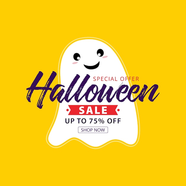 Halloween sale banner with holiday symbols pumpkin and ghost.