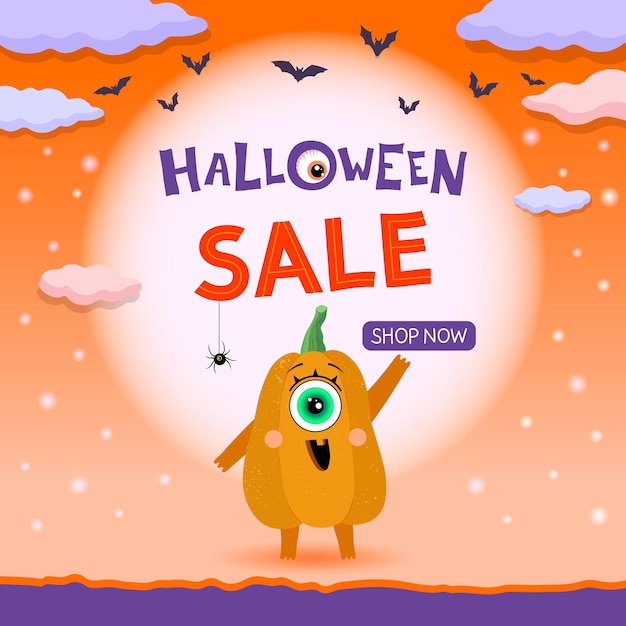 Vector halloween sale banner with pumpkin character