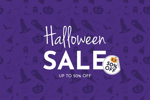 Halloween sale banner with pumpkin, witch hat, broom, ghost, and bat