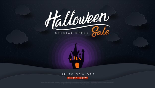 Vector halloween sale castle and full moon paper art