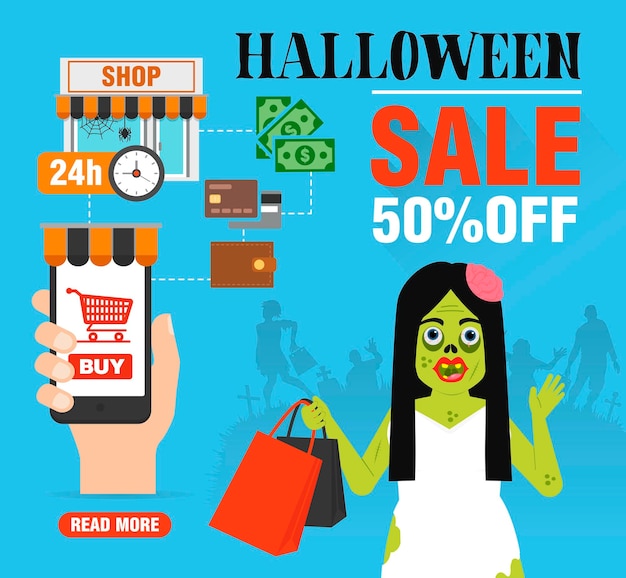 Halloween sale concept design flat with a zombie girl on shopping