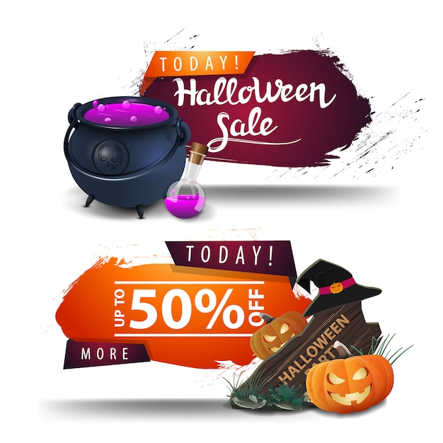 Vector halloween sale, discount banners with witch's pot, wooden sign, witch hat and pumpkin jack