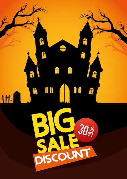 Halloween sale discount, thirty percent off, with haunted castle