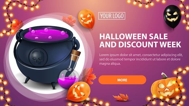 Settimana di vendita e sconto di halloween, banner sconto rosa orizzontale con palloncini di halloween, zucca, ghirlanda e calderone della strega con pozione