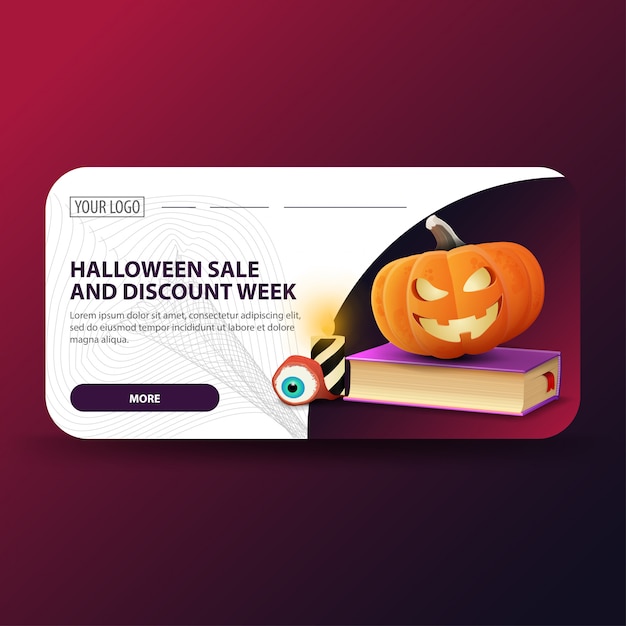 Распродажа на Хэллоуин и неделя скидок, современный веб-баннер с книгой заклинаний и тыквенным Джеком