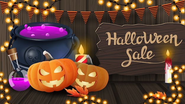 Halloween sale, modern horizontal discount banner with wooden texture, wooden board, garland and witch's pot and pumpkin jack