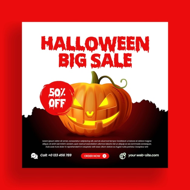 L'offerta di vendita di halloween pubblica un banner sui social media e un post su instagram con una zucca spaventosa