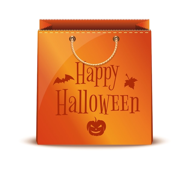 Halloween sale. Paper shopping bag with text. Happy Halloween. Vector illustration