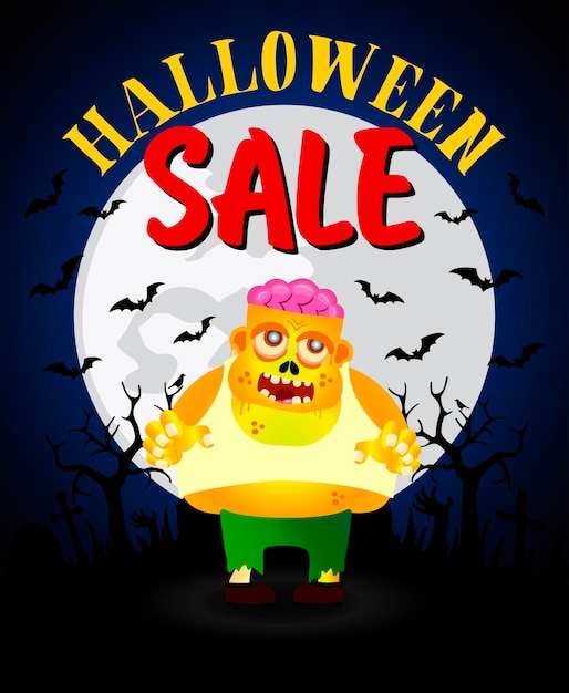 Halloween sale posterbanner with funny thick zombie