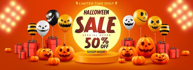 Рекламный плакат или баннер хэллоуина с тыквой на хэллоуин и воздушными шарами-призраками