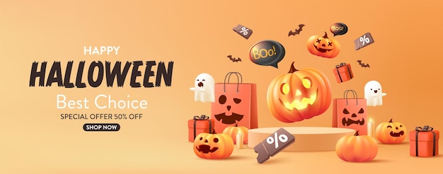 Halloween sale promotion poster template with halloween pumpkinscute ghost