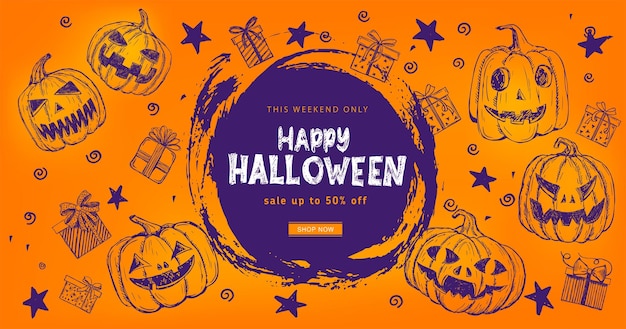 Halloween sale, pumpkins, bat. hand drawn illustration. vector.