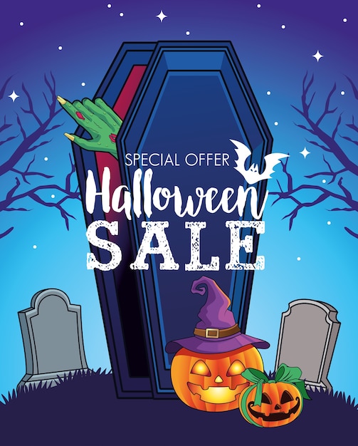 Halloween sale seasonal poster with hand coming out of coffin in cemetery