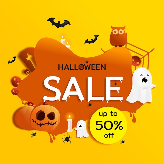 Halloween sale shopping poster with halloween pumpkin ghost bat and candles vector illustration