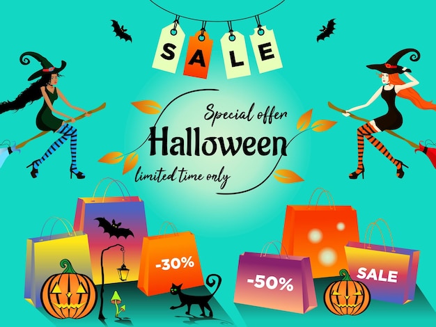 Offerta speciale di vendita di halloweenle streghe volano su una scopa in direzione degli sconti di vendita 30 e 50