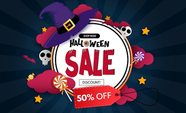 Halloween sale text vector banner design Halloween discount offer in circle frame space for holiday