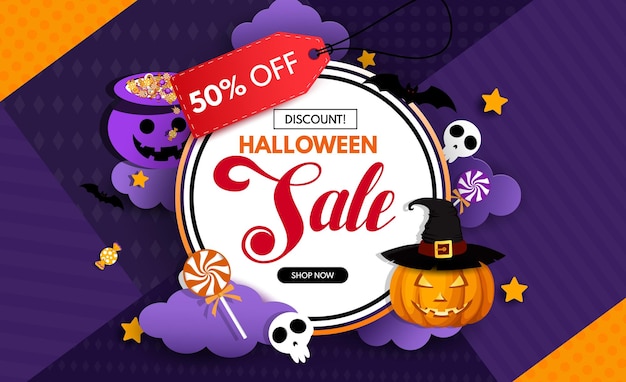 Halloween sale text vector banner design Halloween shopping discount flyers in circle space