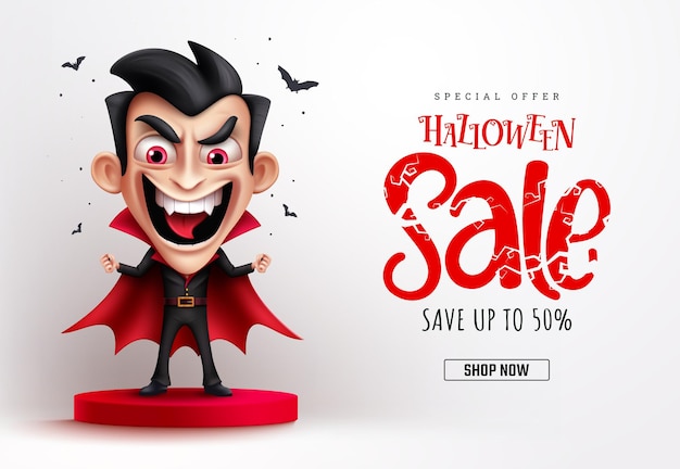 Halloween sale text vector banner design Halloween special offer discount with dracula vampire