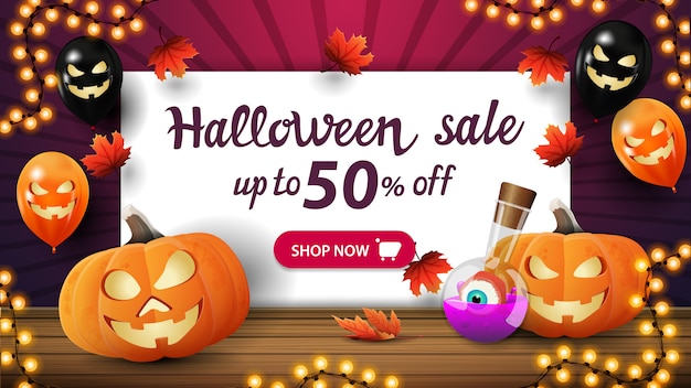 Vector halloween sale, up to 50% off, discount purple banner with halloween balloons, pumpkin jack and witch's potion