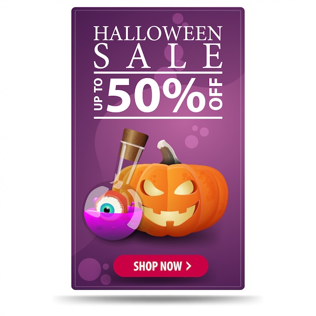 ハロウィーンセール、最大50％オフ、紫色の縦型モダンバナー、カボチャジャックと魔女のポーション付きアート