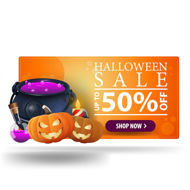 ハロウィーンセール、最大50％オフ、オレンジ色のモダンな3dバナーとウィッチズポットとパンプキンジャック