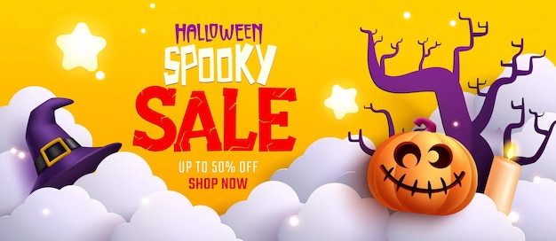 Halloween sale vector banner design. halloween sale text with price discount offer for trick.