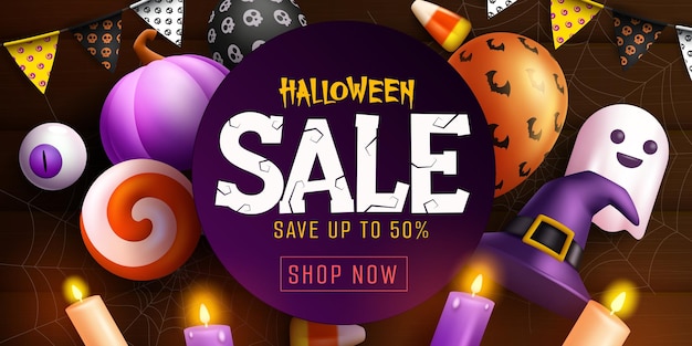 Vettore disegno della bandiera di vettore di vendita di halloween. testo di vendita di halloween con promo di sconto per lo shopping per trucco.