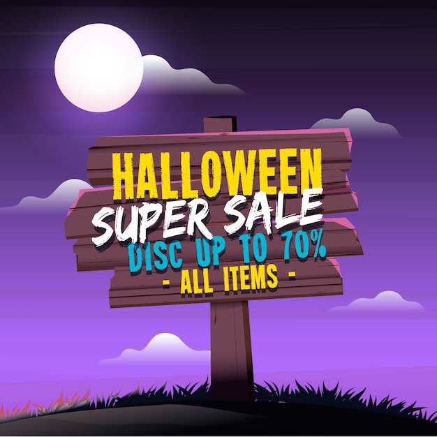 Halloween sales background with wooden sign