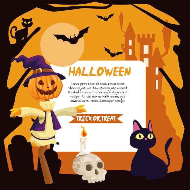 Cartoni animati di halloween spaventapasseri e gatti con design di banner, vacanze e tema spaventoso