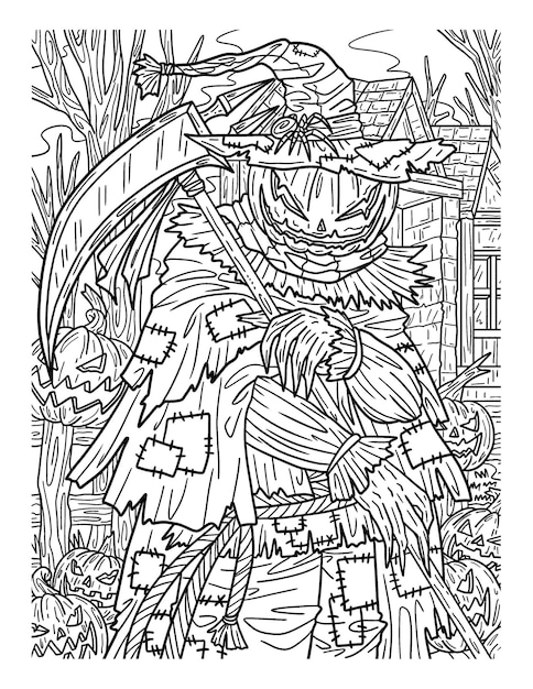 Halloween Scarecrow Scythe Adults Coloring Page