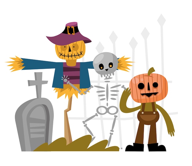 Halloween spaventapasseri teschio e cartoni animati di zucca con disegno grave, tema spaventoso