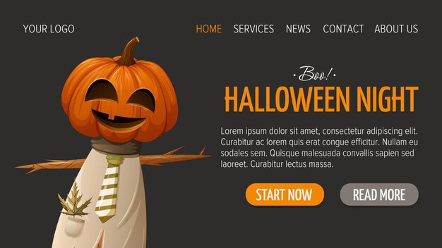 Spaventapasseri di halloween con una zucca al posto della testa. modello orizzontale scuro per l'interfaccia del sito web