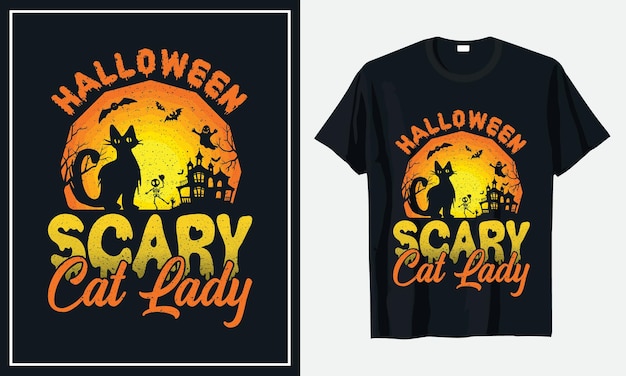 ハロウィーン怖い猫レディTシャツデザインプレミアムベクトル