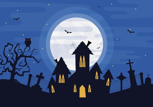 Halloween scary dark house on cemetery house